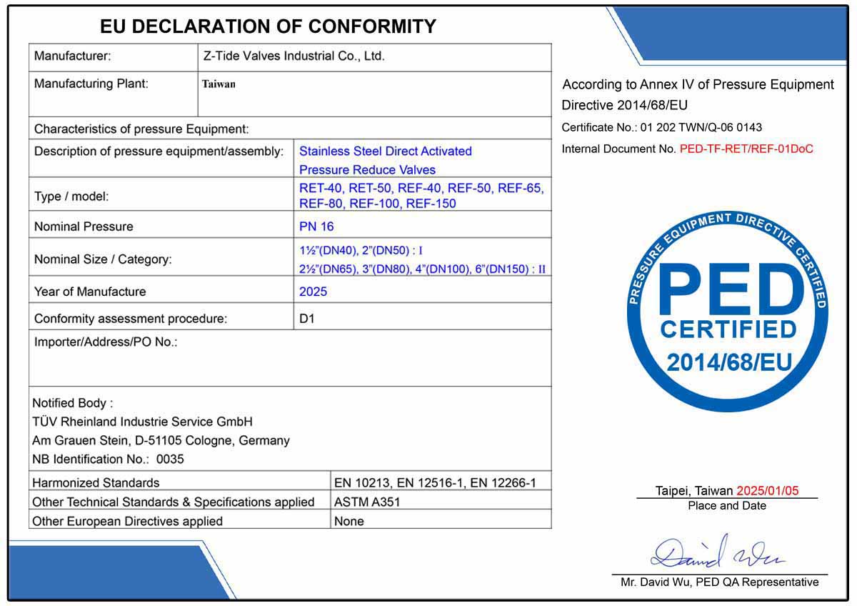 Las válvulas reductoras de presión de acción directa Z-Tide cumplen con la Directiva de Equipos a Presión.